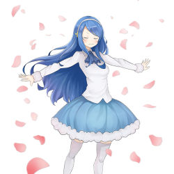 Rule 34 | 10s, 1girl, :3, bad id, bad pixiv id, blue hair, blush, closed eyes, hairband, himouto! umaru-chan, long hair, long sleeves, outstretched arms, petals, skirt, smile, solo, spread arms, tachibana sylphynford, thighhighs