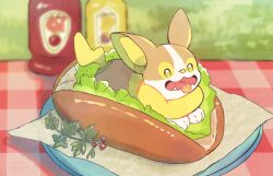 Rule 34 | commentary request, creature as food, creatures (company), day, fangs, food, game freak, gen 8 pokemon, green eyes, highres, hot dog bun, in food, ketchup bottle, lettuce, lying, mustard bottle, nekozane chisa, nintendo, no humans, on stomach, open mouth, outdoors, pokemon, pokemon (creature), solo, tongue, tongue out, yamper