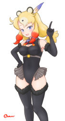 Rule 34 | 1girl, animal ears, bear ears, black leotard, blonde hair, blue bow, blue bowtie, blue eyes, bow, bowtie, breasts, calenda (kemono friends), cleavage, cleavage cutout, clothing cutout, collared leotard, commentary, cosplay, english commentary, fake animal ears, frilled leotard, frills, fur-trimmed thighhighs, fur trim, highleg, highleg leotard, highres, higumamon (kemono friends), higumamon (kemono friends) (cosplay), kemono friends, kemono friends 3, large breasts, leotard, long hair, looking at viewer, nokemono-san (bocchi friend), ponytail, sidelocks, solo, thighhighs, zettai ryouiki