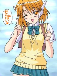 Rule 34 | 1girl, arm up, backpack, bag, blush, bow, collared shirt, green bow, green skirt, holding, japanese text, lowres, one eye closed, open mouth, orange eyes, orange hair, pixel art, pleated skirt, pointing, pointing up, robot ears, school uniform, serio (to heart), shirt, short sleeves, skirt, solo, standing, sweater vest, talking, text focus, to heart, to heart (series), uniform, white shirt, wink, yellow shirt
