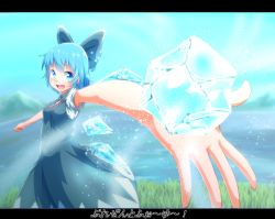 Rule 34 | 1girl, blue dress, blue eyes, blue hair, blue sky, bow, cirno, commentary, day, dress, foreshortening, hair bow, ice, ice block, ice wings, letterboxed, looking at viewer, matching hair/eyes, open mouth, outstretched arm, outstretched hand, sky, smile, solo, text focus, touhou, translated, wings, yocchi (tenyunkel)