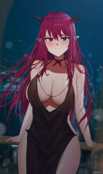 Rule 34 | 1girl, bare shoulders, black choker, black dress, blue eyes, blush, breasts, choker, cleavage, closed mouth, collarbone, dress, evening gown, heterochromia, highres, holocouncil, hololive, hololive english, horns, irys (hololive), kotodekun, large breasts, long hair, looking at viewer, nail polish, night, night sky, no bra, no panties, pink eyes, plunging neckline, pointy ears, purple hair, red hair, ribbon choker, sky, sleeveless, sleeveless dress, smile, solo, very long hair, virtual youtuber