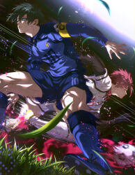 2boys absurdres aqua_eyes armband ball black_gloves blue_lock blue_shorts blue_socks brothers cleats commentary dutch_angle english_commentary from_below gloves glowing glowing_eyes grass green_hair highres itoshi_rin itoshi_sae kagura_kurosaki long_sleeves male_focus motion_lines multiple_boys muscular muscular_male red_hair running shirt short_hair shorts siblings soccer soccer_ball soccer_uniform socks speed_lines sportswear sweat white_shirt white_shorts yellow_armband