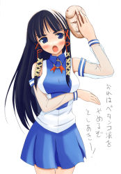 Rule 34 | 1girl, :o, bare shoulders, black hair, blue eyes, blue skirt, blush, breasts, detached sleeves, head tilt, large breasts, long sleeves, mask, open mouth, os-tan, see-through, shirt, simple background, skirt, sleeveless, sleeveless shirt, solo, standing, thigh gap, white background, xp-tan