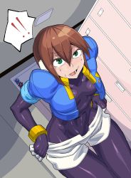 Rule 34 | 1girl, aile (mega man zx), blush, bodysuit, breasts, brown hair, female focus, green eyes, indoors, jacket, layered sleeves, lol (harikofu), long sleeves, mega man (series), mega man zx, pantyhose, pantyhose under shorts, shiny clothes, short hair, short over long sleeves, short shorts, short sleeves, shorts, skin tight, solo, spandex, surprised, sweat, tomboy, undressing