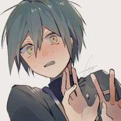 Rule 34 | 1boy, ahoge, alternate hair color, blush, buttons, danganronpa (series), danganronpa v3: killing harmony, double-breasted, green hair, grey background, hands up, huyuharu0214, jacket, male focus, open mouth, portrait, saihara shuichi, short hair, signature, simple background, solo, sweat, teeth, upper teeth only