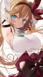 Rule 34 | 1girl, armpits, arms up, artist name, blue eyes, blush, bow, breasts, clarisse (granblue fantasy), clarisse (valentine) (granblue fantasy), collared shirt, commentary request, dated, detached sleeves, granblue fantasy, hair intakes, hairband, highres, large breasts, long hair, official alternate costume, orange hair, parted lips, shirt, sideboob, sleeveless, sleeveless shirt, solo, umino hotate, upper body, white shirt
