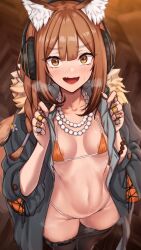 Rule 34 | 1girl, akehi yuki, animal ear fluff, animal ears, areola slip, arknights, bikini, black jacket, black pantyhose, blush, bracelet, breasts, brown background, brown eyes, brown hair, cleavage, clothes pull, collarbone, commentary request, embarrassed, fang, fur trim, headphones, implied extra ears, jacket, jewelry, long sleeves, medium breasts, medium hair, navel, necklace, open clothes, open jacket, open mouth, orange bikini, pantyhose, pantyhose pull, ratatos browntail (arknights), ring, solo, sweat, swimsuit, thighs