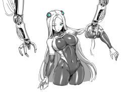 Rule 34 | 1girl, android, bodysuit, breasts, covered navel, cowboy shot, cropped legs, disembodied hand, headgear, highleg, highleg leotard, large breasts, leotard, long hair, long sleeves, looking at viewer, one eye closed, original, parted lips, simple background, siun, spot color, very long hair, white background
