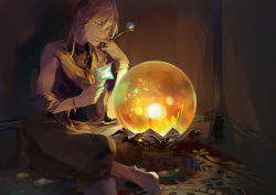 Rule 34 | 1boy, barefoot, bracelet, crystal ball, gem, golden emperor shara, highres, jewelry, crossed legs, long hair, male focus, necklace, pixiv fantasia, pixiv fantasia age of starlight, pointy ears, rug, sitting, sleeveless, solo, tent, very long hair, wand, white2013