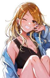 Rule 34 | 1girl, ;), animal print, backlighting, black camisole, blonde hair, blue jacket, blush, breasts, brown eyes, brown hair, camisole, cleavage, collarbone, commentary request, crop top, denim, denim jacket, earrings, fingernails, gradient hair, grin, gyaru, hand on own cheek, hand on own face, hand up, highres, hoop earrings, idolmaster, idolmaster shiny colors, izumi mei, jacket, jewelry, knees up, large breasts, leopard print, light particles, long hair, long sleeves, looking at viewer, multicolored hair, nail polish, off shoulder, one eye closed, open clothes, open jacket, purple nails, shinishi chiho, sidelocks, simple background, single bare shoulder, sitting, smile, solo, swept bangs, tan, two-tone hair, white background, wide sleeves