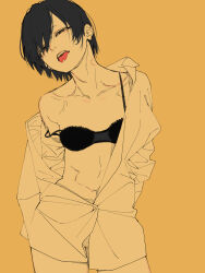 Rule 34 | 1girl, absurdres, bite mark, bite mark on neck, black bra, black eyes, black hair, bra, breasts, collarbone, collared shirt, cowboy shot, forked tongue, highres, limited palette, looking at viewer, off shoulder, open clothes, open shirt, original, shirt, short hair, single bare shoulder, small breasts, solo, tongue, tongue out, underwear, unthuku, yellow theme