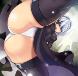 Rule 34 | 1girl, ass, ass focus, black dress, black hairband, black thighhighs, blindfold, breasts, dress, hairband, hinghoi, looking at viewer, looking down, medium breasts, mole, mole under mouth, nier (series), nier:automata, open mouth, panties, side slit, skindentation, thighhighs, underwear, upskirt, white hair, white panties, 2b (nier:automata)