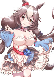 Rule 34 | 1girl, absurdres, becherry, blush, breasts, brown eyes, brown hair, closed mouth, collarbone, detached sleeves, flower, hair between eyes, hair ornament, highres, horse girl, jewelry, long hair, looking at viewer, low twintails, medium breasts, necklace, rose, simple background, smile, solo, twintails, twitter username, umamusume, white background, yamanin zephyr (umamusume)