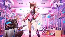 Rule 34 | 1boy, ahoge, animal ears, brown hair, cat ears, crossed bangs, cyborg, ene (tower of fantasy), flat chest, gloves, hand on own hip, heart, highres, holding, holding weapon, indoors, mechanical arms, medium hair, official art, smile, standing, star (symbol), tower of fantasy, urashima (hidoro mgmg), weapon, white gloves, yellow eyes