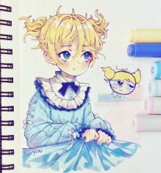 Rule 34 | 1girl, :t, absurdres, animification, anny (yoai), art tools in frame, artist name, bags under eyes, blanket, blanket grab, blonde hair, blue dress, blue eyes, blue nails, blue nightgown, blush, bow, bubbles (ppg), closed mouth, colored pencil, colored pencil (medium), cross-laced clothes, derivative work, dress, frown, hair between eyes, half-closed eyes, highres, instagram username, long sleeves, looking away, marker, marker (medium), messy hair, nightgown, on bed, pen (medium), pencil, photo (medium), pillow, pout, powerpuff girls, puffy sleeves, reference inset, screenshot redraw, sitting, sleepwear, sleepy, traditional media, twintails, upper body, white background, white bow
