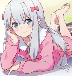 Rule 34 | arm support, barefoot, blue eyes, blush, closed mouth, eromanga sensei, hair ribbon, hand on own cheek, hand on own face, highres, izumi sagiri, light frown, long hair, looking at viewer, lying, on stomach, pajamas, pink pajamas, pink ribbon, ribbon, sidelocks, silver hair, solo, suwakana, the pose, wavy mouth