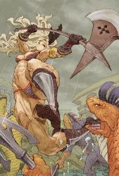 Rule 34 | abs, amazon (dragon&#039;s crown), architecture, armlet, armor, axe, battle, bikini, blonde hair, boots, breasts, chainmail, circlet, cleavage, cloud, cloudy sky, dragon&#039;s crown, feather hair ornament, feathers, fighting stance, full body, gloves, grey eyes, hair ornament, highres, holding, holding axe, leg tattoo, lizard, long hair, medium breasts, muscular, muscular female, parted bangs, rain, shinichi kobe, sky, swimsuit, tattoo, water drop, wavy hair