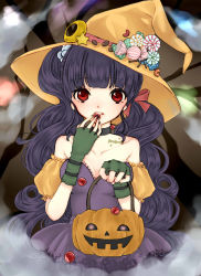 Rule 34 | 1girl, absurdres, bad id, bad pixiv id, bare shoulders, basket, bat (animal), blunt bangs, breasts, candy, choker, cleavage, crescent, crescent moon, detached sleeves, dress, eating, facing viewer, fingerless gloves, food, frilled dress, frills, gloves, hair ornament, hair ribbon, halloween, hat, highres, holding, jack-o&#039;-lantern, long hair, looking at viewer, medium breasts, moon, onizuka mari, original, puffy detached sleeves, puffy sleeves, purple dress, purple hair, red eyes, ribbon, solo, star (symbol), tattoo, tree, twintails, uneven twintails, wavy hair, witch hat