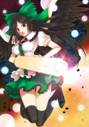 Rule 34 | 1girl, absurdres, arm cannon, bad id, bad pixiv id, black hair, black thighhighs, bow, breasts, cape, female focus, full body, gradient background, hair bow, highres, long hair, nunucco, red eyes, reiuji utsuho, slit pupils, solo, thighhighs, third eye, touhou, weapon, wings
