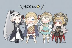 Rule 34 | 4girls, arm up, armor, arms up, artist name, ayawo, black gloves, blonde hair, braid, brown gloves, cape, chibi, crown, crown braid, dress, earrings, eir (fire emblem), closed eyes, fire emblem, fire emblem heroes, fjorm (fire emblem), gloves, grey background, grey hair, hair ornament, holding hands, jewelry, long hair, long sleeves, multiple girls, nintendo, one eye closed, open mouth, ponytail, scale armor, sharena (fire emblem), short dress, simple background, skirt, veronica (fire emblem)