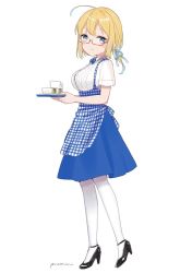 Rule 34 | 1girl, alternate costume, apron, blonde hair, blouse, blue apron, blue bow, blue bowtie, blue eyes, bow, bowtie, commentary request, cup, employee uniform, full body, gingham apron, glasses, high-waist skirt, high heels, i-8 (kancolle), kantai collection, kobeya uniform, long hair, looking at viewer, low twintails, one-hour drawing challenge, pantyhose, plaid, plaid apron, pleated shirt, pumps, shirt, simple background, skirt, solo, tray, twintails, uniform, waitress, white background, white pantyhose, white shirt, yamashichi (mtseven)