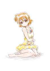 Rule 34 | 1girl, adapted costume, barefoot, brown eyes, brown hair, casual one-piece swimsuit, collarbone, cosplay, cure pine, cure pine (cosplay), fresh precure!, full body, hair between eyes, nita (onakatohoppe), one-piece swimsuit, one side up, precure, short hair, simple background, sitting, solo, swimsuit, wet, white background, yamabuki inori, yellow one-piece swimsuit
