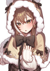 Rule 34 | 1girl, absurdres, animal hood, arm up, bear hood, berry, black choker, brown capelet, brown eyes, brown hair, brown skirt, capelet, choker, crossed bangs, earrings, erezu, food-themed earrings, from above, fur trim, highres, hololive, hololive english, hood, jewelry, long hair, looking at viewer, multicolored hair, nanashi mumei, nanashi mumei (casual), official alternate costume, open mouth, plaid, plaid skirt, pom pom (clothes), ribbon, skirt, sleeves past wrists, streaked hair, sweater, virtual youtuber, white sweater