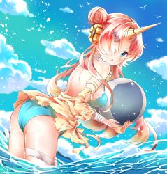 Rule 34 | 1girl, :o, arched back, ball, bare shoulders, beachball, bikini, blue bikini, blue sky, blush, breasts, brown hair, chestnut mouth, cloud, commentary, day, dutch angle, fate/grand order, fate (series), fingernails, frankenstein&#039;s monster (fate), frankenstein&#039;s monster (swimsuit saber) (fate), frankenstein&#039;s monster (swimsuit saber) (first ascension) (fate), green eyes, hair bun, hair ornament, holding, holding ball, horns, jacket, leaning forward, long hair, long sleeves, looking at viewer, looking to the side, medium breasts, melings (aot2846), ocean, outdoors, parted lips, side bun, single hair bun, single horn, single side bun, sky, solo, swimsuit, very long hair, water, yellow jacket