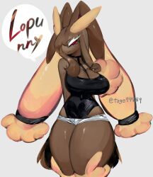 Rule 34 | absurdres, animal ear fluff, beige fur, black sclera, breasts, brown fur, brown hair, cleavage, colored sclera, creatures (company), furry, furry female, game freak, gen 4 pokemon, highres, large breasts, leotard, long hair, looking at viewer, lopunny, navel, nintendo, pokemon, pokemon (creature), rabbit ears, rabbit girl, red eyes, short shorts, shorts, thick eyebrows, thick thighs, thighs, togetoge, tongue, tongue out