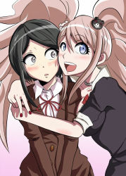 Rule 34 | 2girls, arms around shoulders, bear hair ornament, black hair, black shirt, blonde hair, blue eyes, blush, bow, bowtie, breasts, brown coat, brown jacket, cheek-to-cheek, cleavage, coat, collarbone, collared shirt, danganronpa: trigger happy havoc, danganronpa (series), enoshima junko, fingernails, freckles, grey eyes, hair ornament, heads together, highres, holding, hug, ikusaba mukuro, incest, jacket, jewelry, large breasts, long eyelashes, long hair, looking at another, looking to the side, looking up, medium breasts, medium hair, multiple girls, nail polish, neck ribbon, necklace, open mouth, pearl necklace, pink background, red bow, red nails, red ribbon, ribbon, shiny skin, shirt, siblings, simple background, sisters, surprised, teeth, twincest, twins, twintails, upper body, upper teeth only, v, white shirt, yuri