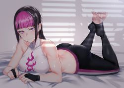 Rule 34 | 1girl, absurdres, alternate costume, ass, bed sheet, black hair, black legwear, blunt bangs, breasts, butt crack, closed mouth, crop top, eye (mememem), feet, feet up, han juri, highres, indoors, large breasts, long hair, looking at viewer, lying, multicolored hair, nail polish, no shoes, on stomach, pink eyes, pink hair, print shirt, shadow, shiny skin, shirt, short eyebrows, sidelocks, sleeveless, smile, soles, solo, street fighter, street fighter v, striped legwear, the pose, toeless legwear, toenail polish, toenails, toes, white shirt