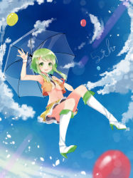 Rule 34 | 1girl, :d, absurdres, adapted costume, aircraft, airplane, balloon, boots, breasts, cleavage, cloud, day, green eyes, green hair, gumi, hair ornament, hairclip, high heels, highres, holding, matching hair/eyes, medium breasts, navel, open mouth, short hair, sky, smile, solo, tika (mika4975), transparent umbrella, umbrella, vocaloid, waving, wrist cuffs