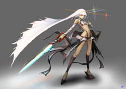 Rule 34 | 152 in can, 1girl, absurdres, altera (fate), bandeau, black nails, dark-skinned female, dark skin, detached sleeves, fate/grand order, fate (series), full-body tattoo, full body, highres, holding, holding sword, holding weapon, nail polish, navel, photon ray (fate), red eyes, short hair, solo, standing, sword, tattoo, weapon, white bandeau, white hair, white sleeves, white veil