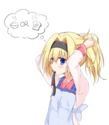 Rule 34 | 1girl, alternate hairstyle, apron, arms up, black hairband, black ribbon, blue apron, blue eyes, blush, chitose sana, commentary request, eyes visible through hair, from side, hair between eyes, hair intakes, hairband, hairdressing, igarashi kenji, long hair, long sleeves, looking at viewer, mouth hold, pink shirt, ponytail, ribbon, ribbon in mouth, school uniform, serafuku, shirt, simple background, solo, tenshinranman, thought bubble, upper body, white background
