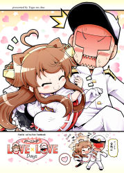 Rule 34 | &gt; &lt;, +++, ^^^, 10s, 1boy, 1girl, :d, ^ ^, admiral (kancolle), ahoge, ahoge wag, blush, brown hair, detached sleeves, expressive hair, closed eyes, flying sweatdrops, hat, headgear, heart, heart in mouth, herada mitsuru, highres, kantai collection, kongou (kancolle), long hair, long sleeves, military, military uniform, nontraditional miko, open mouth, peaked cap, smile, spoken heart, translation request, uniform, wavy mouth, wide sleeves, xd