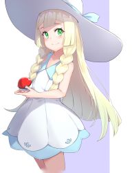 Rule 34 | 1girl, absurdres, bare arms, bare shoulders, blonde hair, blush, braid, closed mouth, collared dress, commentary request, creatures (company), dress, eyebrows hidden by hair, game freak, green eyes, hat, highres, holding, holding poke ball, lillie (pokemon), long hair, looking at viewer, m.tokotsu, nintendo, poke ball, poke ball (basic), pokemon, pokemon sm, purple background, sleeveless, sleeveless dress, smile, solo, standing, sun hat, twin braids, two-tone background, very long hair, white background, white dress, white hat