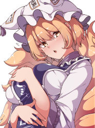 Rule 34 | 1girl, absurdres, animal hat, blonde hair, blush, breasts, dress, fox tail, frilled shirt collar, frills, gokuu (acoloredpencil), hair between eyes, hat, highres, large breasts, long sleeves, looking at viewer, mob cap, multiple tails, ofuda, short hair, solo, tabard, tail, touhou, upper body, white background, white dress, white hat, wide sleeves, yakumo ran, yellow eyes