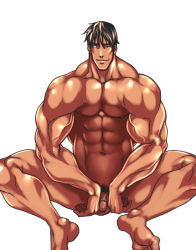 Rule 34 | 1boy, bara, barefoot, flaccid, male focus, muscular, penis, rabbit (pixiv744412), sitting, smile, solo, tagme