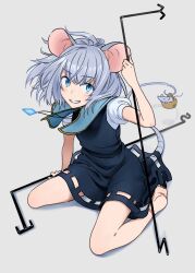 Rule 34 | 1girl, :d, animal ears, arm up, barefoot, basket, black dress, blue capelet, blue eyes, capelet, commentary request, commission, dowsing rod, dress, full body, grey background, grey hair, grey tail, grin, highres, holding, jewelry, light blush, looking at viewer, medium hair, mouse, mouse ears, mouse girl, mouse tail, nazrin, open mouth, pendant, short sleeves, simple background, sitting, smile, soles, solo, split mouth, tail, touhou, toujou (toujou ramen), wariza, white sleeves