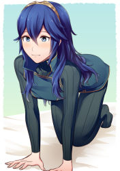 Rule 34 | 1girl, all fours, ameno (a meno0), aqua background, arm support, bad id, bad twitter id, blue dress, blue eyes, blue hair, blush, bodysuit, breasts, commentary request, dress, eyelashes, fire emblem, fire emblem awakening, full body, gold trim, gradient background, long hair, looking at viewer, lucina (fire emblem), nintendo, no shoes, sidelocks, small breasts, solo, tiara