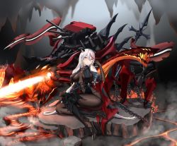 Rule 34 | 1girl, absurdres, aegir (azur lane), asymmetrical footwear, azur lane, black cape, black gloves, black skirt, bodystocking, boots, breast curtains, breasts, cape, cave, chain, cross, cross-laced clothes, cross earrings, demon horns, earrings, elbow gloves, fire, full body, gloves, high heels, highres, horns, impossible clothes, iron cross, jewelry, knee boots, large breasts, long hair, looking at viewer, microskirt, lava, multicolored hair, non-humanoid robot, outdoors, red hair, rigging, robot, robot animal, single knee boot, sitting, skirt, solo, streaked hair, underbust, uneven footwear, very long hair, white hair, xingyuuyuedeqinghua, yellow eyes