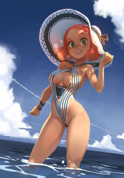 Rule 34 | 1girl, blue sky, blush, breasts, breasts apart, cleavage cutout, clothing cutout, cloud, cloudy sky, earrings, freckles, hand on headwear, hand up, hat, highleg, highleg swimsuit, highres, horizon, jewelry, looking at viewer, medium breasts, one-piece swimsuit, orange hair, original, parted lips, partially submerged, shadow, short hair, sky, smile, solo, striped clothes, striped one-piece swimsuit, swimsuit, water, xaxaxa