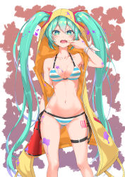 Rule 34 | 1girl, arm at side, bare shoulders, bikini, blush, breasts, cheek pull, cleavage, collarbone, commentary request, cowboy shot, earrings, finger in own mouth, gluteal fold, green eyes, green hair, groin, hair between eyes, halterneck, hatsune miku, heartsix, highres, holding, holding megaphone, jewelry, long hair, looking at viewer, medium breasts, megaphone, mouth pull, navel, open mouth, side-tie bikini bottom, sidelocks, skindentation, sleeveless, smile, solo, standing, star (symbol), star earrings, stomach, striped bikini, striped clothes, swimsuit, teeth, thigh strap, twintails, very long hair, vocaloid