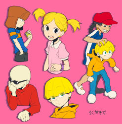 Rule 34 | 2girls, 3boys, numbuh 5, bald, blonde hair, bracelet, braid, clenched hand, clenched hands, codename: kids next door, constricted pupils, dark skin, earrings, grin, hand in pocket, hand on another&#039;s head, hat, jewelry, lee (knd), looking at another, looking down, multiple boys, multiple girls, numbuh 1, open mouth, parted lips, pink background, short twintails, silhouette, smile, sonya (knd), standing, sunglasses, t k g, translation request, twintails, numbuh 4, yo-yo