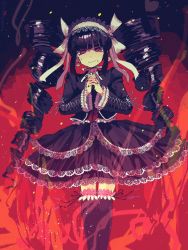 Rule 34 | 1girl, black hair, black jacket, black nails, black skirt, black thighhighs, blush, bonnet, celestia ludenberg, danganronpa: trigger happy havoc, danganronpa (series), drill hair, feet out of frame, fire, frilled jacket, frills, gothic lolita, highres, jacket, lace, lace-trimmed skirt, lace trim, layered skirt, lolita fashion, long hair, looking at viewer, nail polish, necktie, nokita (nokitaaaaaa), open clothes, open jacket, own hands clasped, own hands together, red eyes, red necktie, skirt, solo, sweat, thighhighs, twin drills, very long hair