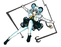 Rule 34 | 1girl, animal ears, blouse, female focus, full body, holding, holding with tail, jewelry, mouse ears, mouse tail, nazrin, necklace, pantyhose, prehensile tail, shirt, shoka, simple background, solo, tail, touhou, white background, white hair, white pantyhose, white shirt