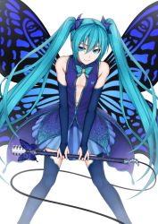 Rule 34 | 1girl, aqua eyes, aqua hair, bad id, bad pixiv id, bridal gauntlets, butterfly wings, hair ornament, hatsune miku, heisei yutorin, highres, insect wings, long hair, looking at viewer, microphone, skirt, solo, thighhighs, twintails, very long hair, vocaloid, white background, wings