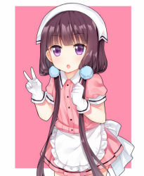 Rule 34 | 1girl, :o, apron, blend s, blunt bangs, blush, brown hair, clenched hand, cowboy shot, frilled apron, frills, gloves, hair bobbles, hair ornament, hair over shoulder, hands up, head scarf, long hair, looking at viewer, low twintails, parted lips, pink shirt, pink skirt, pleated skirt, puffy sleeves, purple eyes, sakuranomiya maika, shirt, skirt, solo, tengxiang lingnai, twintails, uniform, v, very long hair, waist apron, waitress, white apron, white gloves