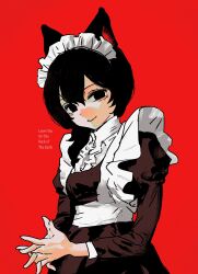 Rule 34 | 1girl, an1th1ngnb, animal ears, apron, black dress, black eyes, black hair, cat ears, chikyuu no ura (cevio), closed mouth, dress, english text, highres, juliet sleeves, long hair, long sleeves, looking at viewer, maid headdress, own hands together, puffy sleeves, red background, smile, solo, song name, upper body, white apron